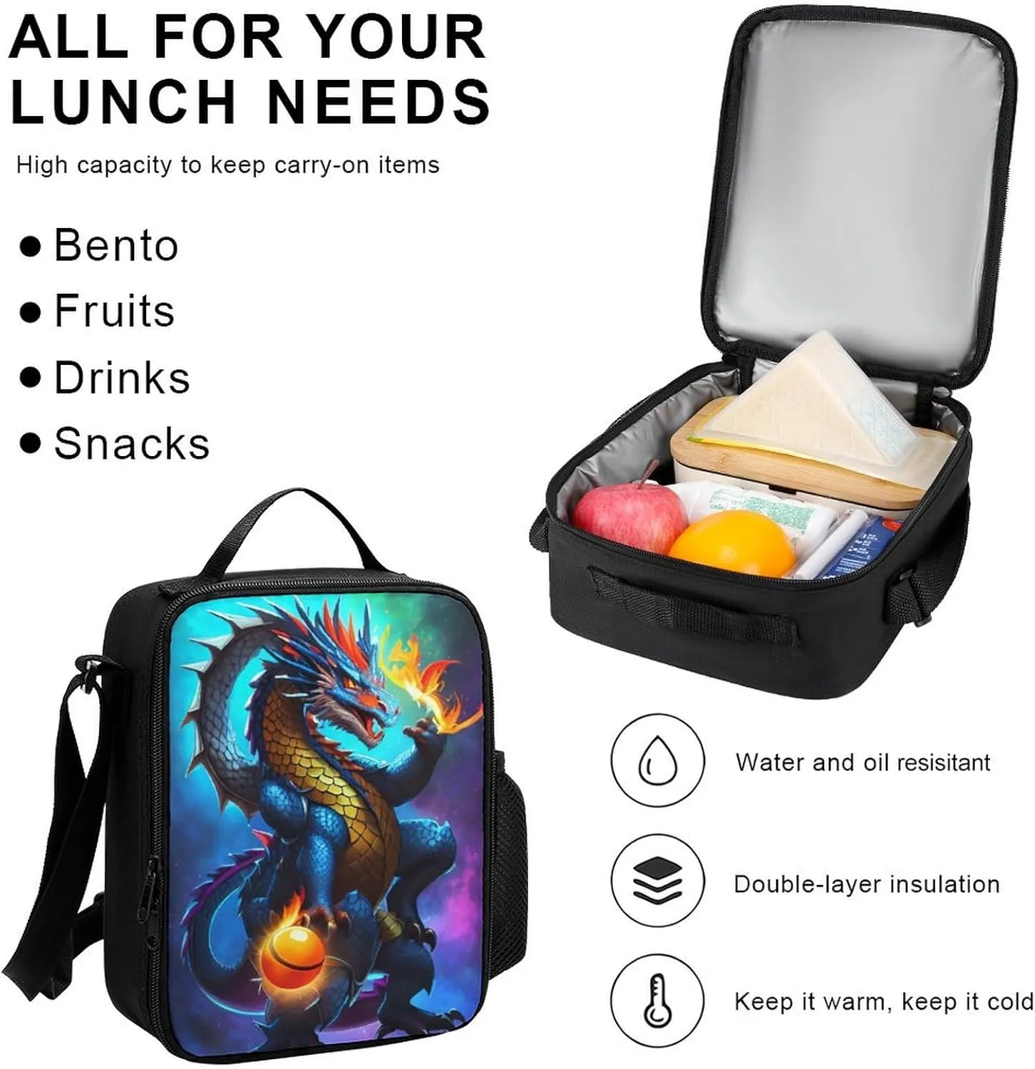 Supdreamc 3 Piece Backpack Sets, Cool Dragon With Fire Ball Art Carry On Bag Lunch Bag Pencil Case, College Bookbag, Travel Hiking Daypack Computer Bag, One Size