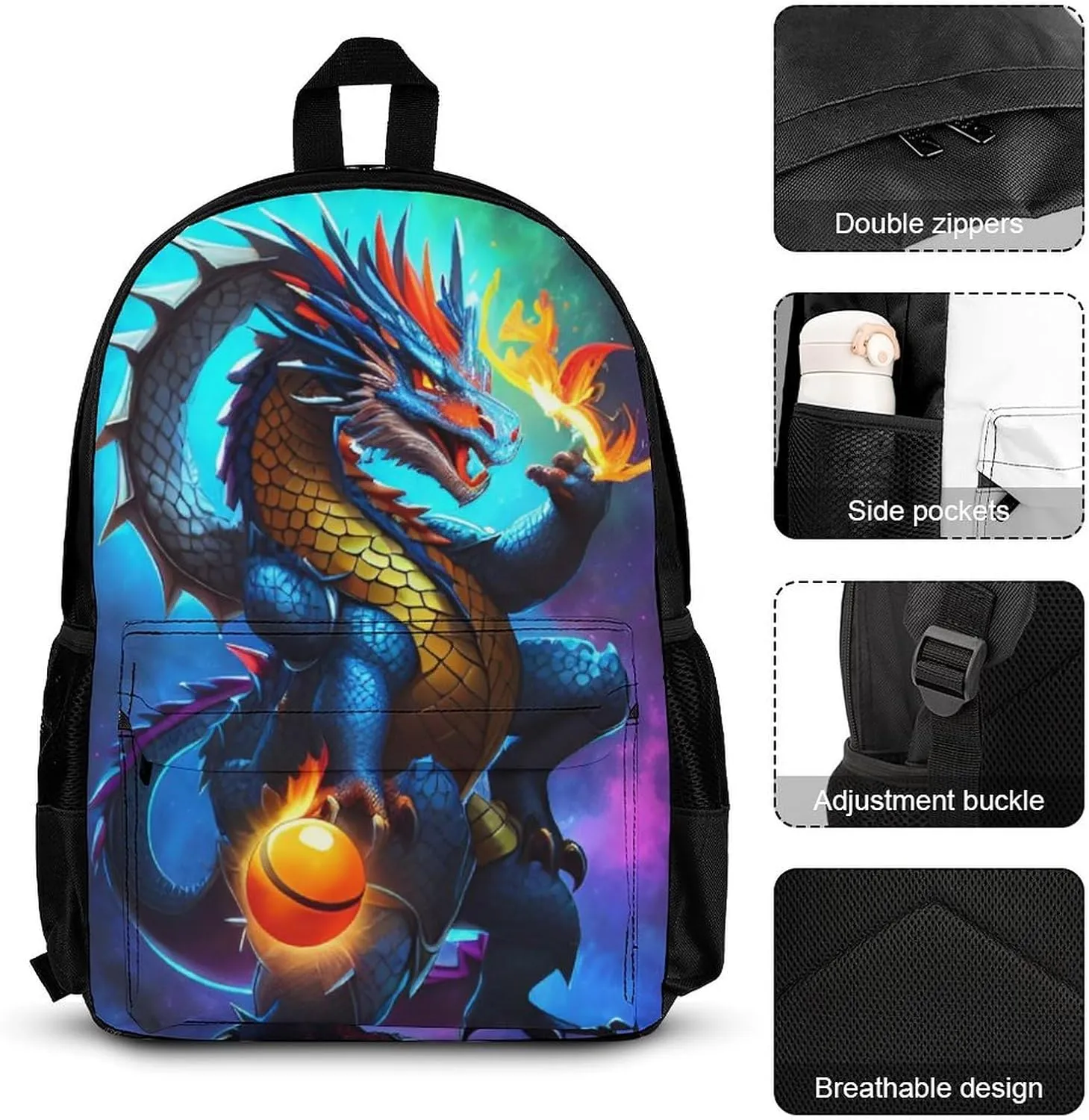 Supdreamc 3 Piece Backpack Sets, Cool Dragon With Fire Ball Art Carry On Bag Lunch Bag Pencil Case, College Bookbag, Travel Hiking Daypack Computer Bag, One Size