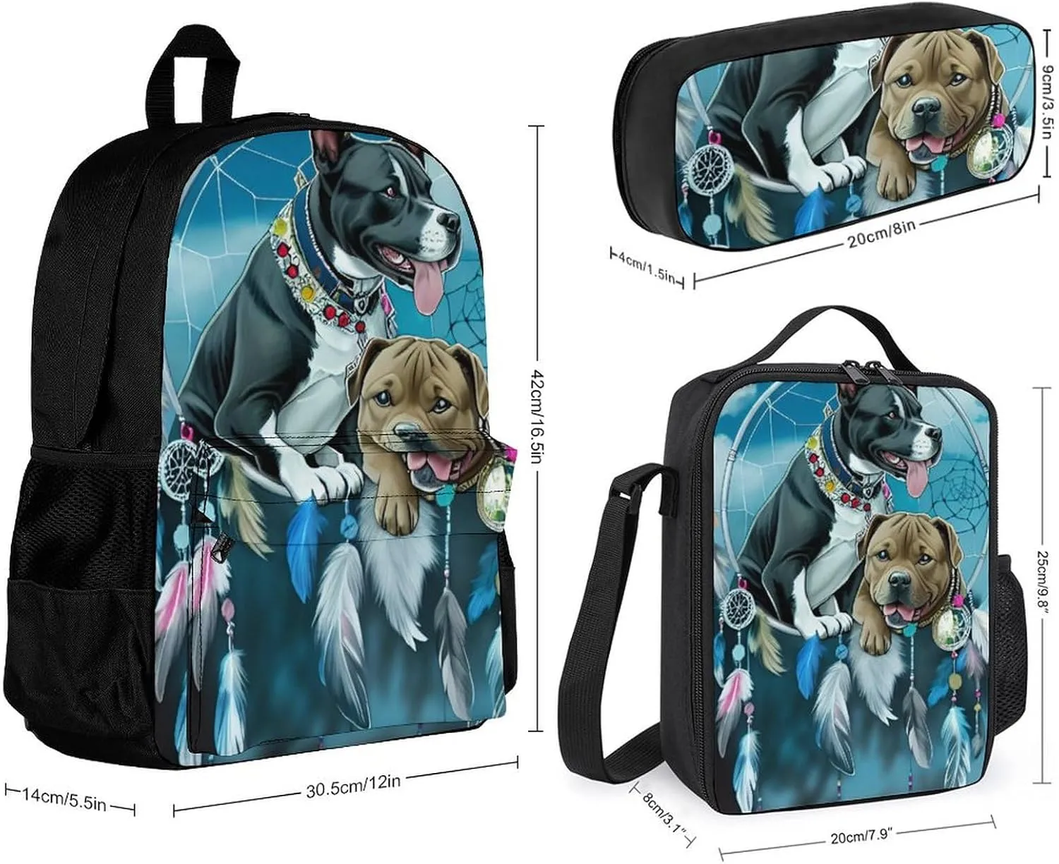 Supdreamc Adults Daypack Sets - American Pit Bull Terrier Dog Dreamcatcher Art Bookbag College Bookbag   Lunch Bag   Pencil Case Travel Bag & Day Pack, Gym Bag Laptop Backpack Daypack