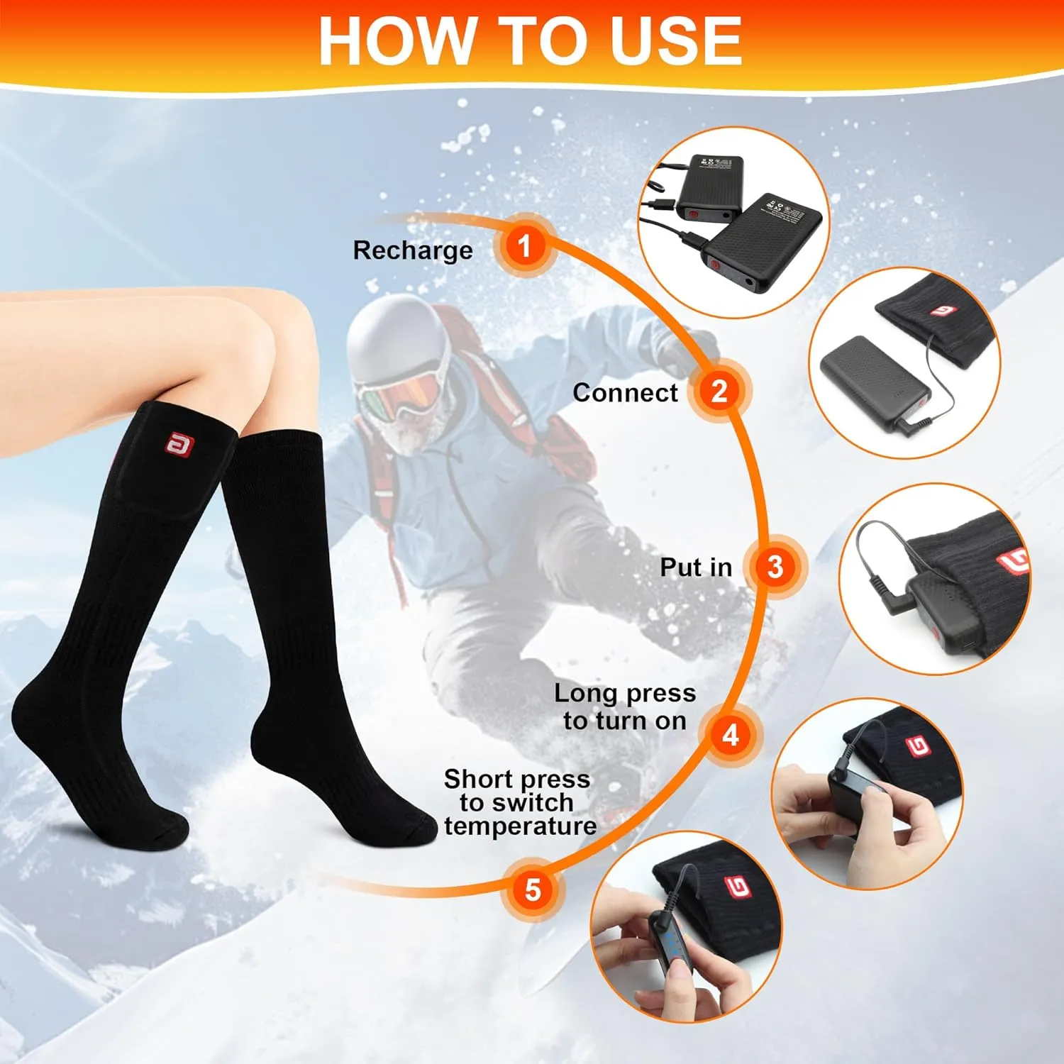 SVPRO Rechargeable Heating Socks Battery Operated Socks Heated for Women Men,Electric Heated Socks with 3 Heating Settings Outdoor Riding Camping Hiking Skiing Motorcycle Winter Electric Warm Socks