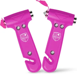 Swiss Safe Durable 5-1 Car Safety Hammer Car Window Breaker Breaker Tool w/Seatbelt Cutter - Emergency Escape Glass Hammer for Car - Truck, Car Safety Essentials & Accessories - Pink, 2 Pack