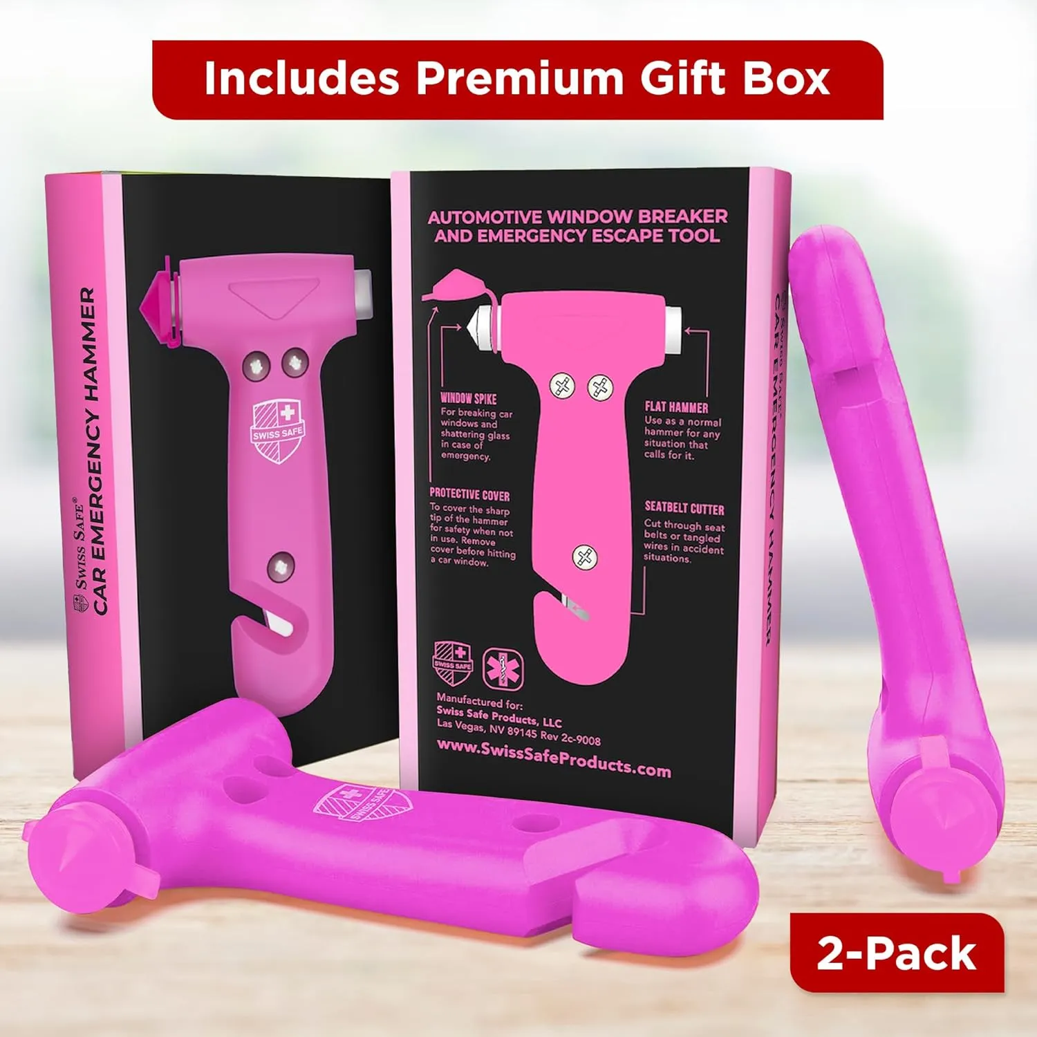 Swiss Safe Durable 5-1 Car Safety Hammer Car Window Breaker Breaker Tool w/Seatbelt Cutter - Emergency Escape Glass Hammer for Car - Truck, Car Safety Essentials & Accessories - Pink, 2 Pack
