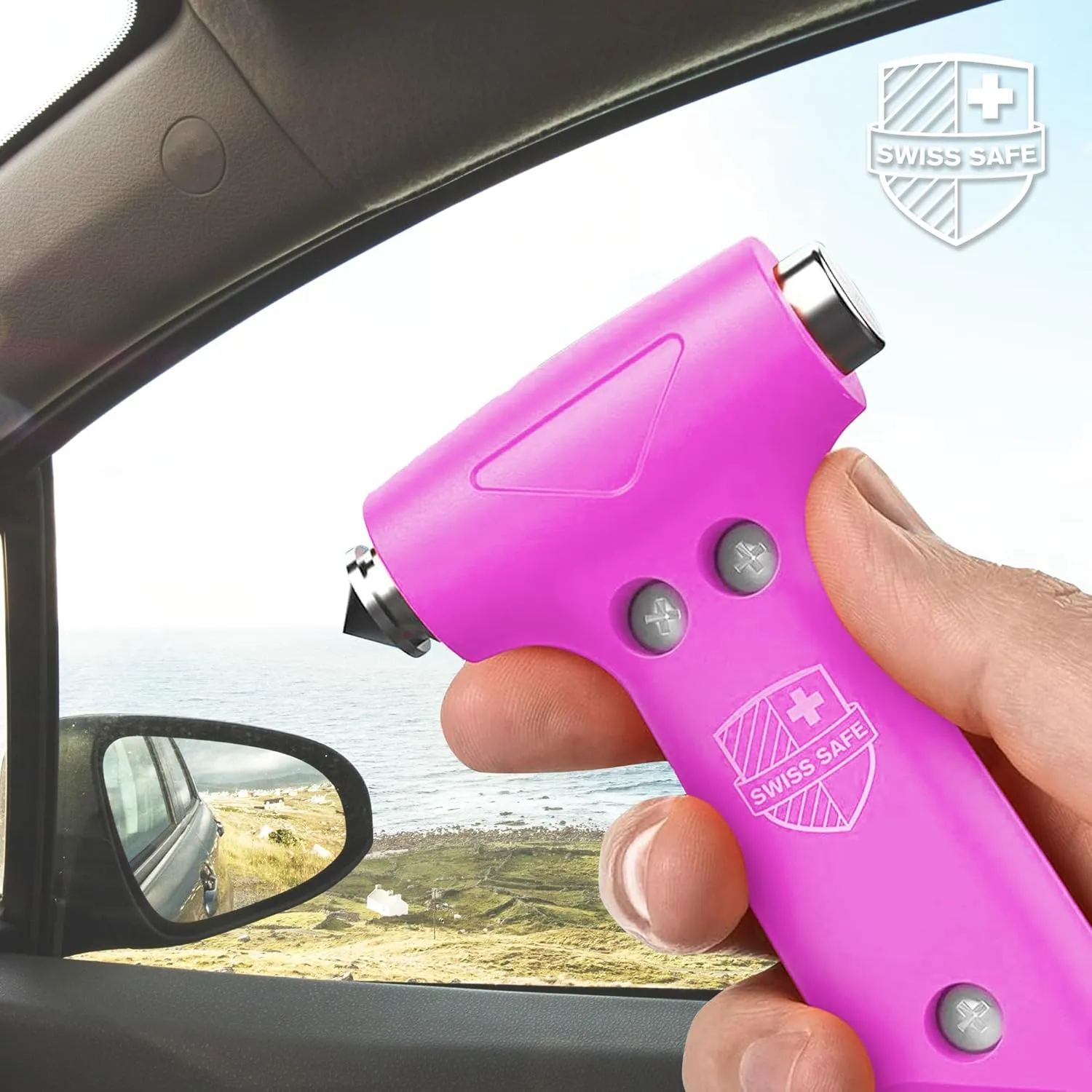Swiss Safe Durable 5-1 Car Safety Hammer Car Window Breaker Breaker Tool w/Seatbelt Cutter - Emergency Escape Glass Hammer for Car - Truck, Car Safety Essentials & Accessories - Pink, 2 Pack