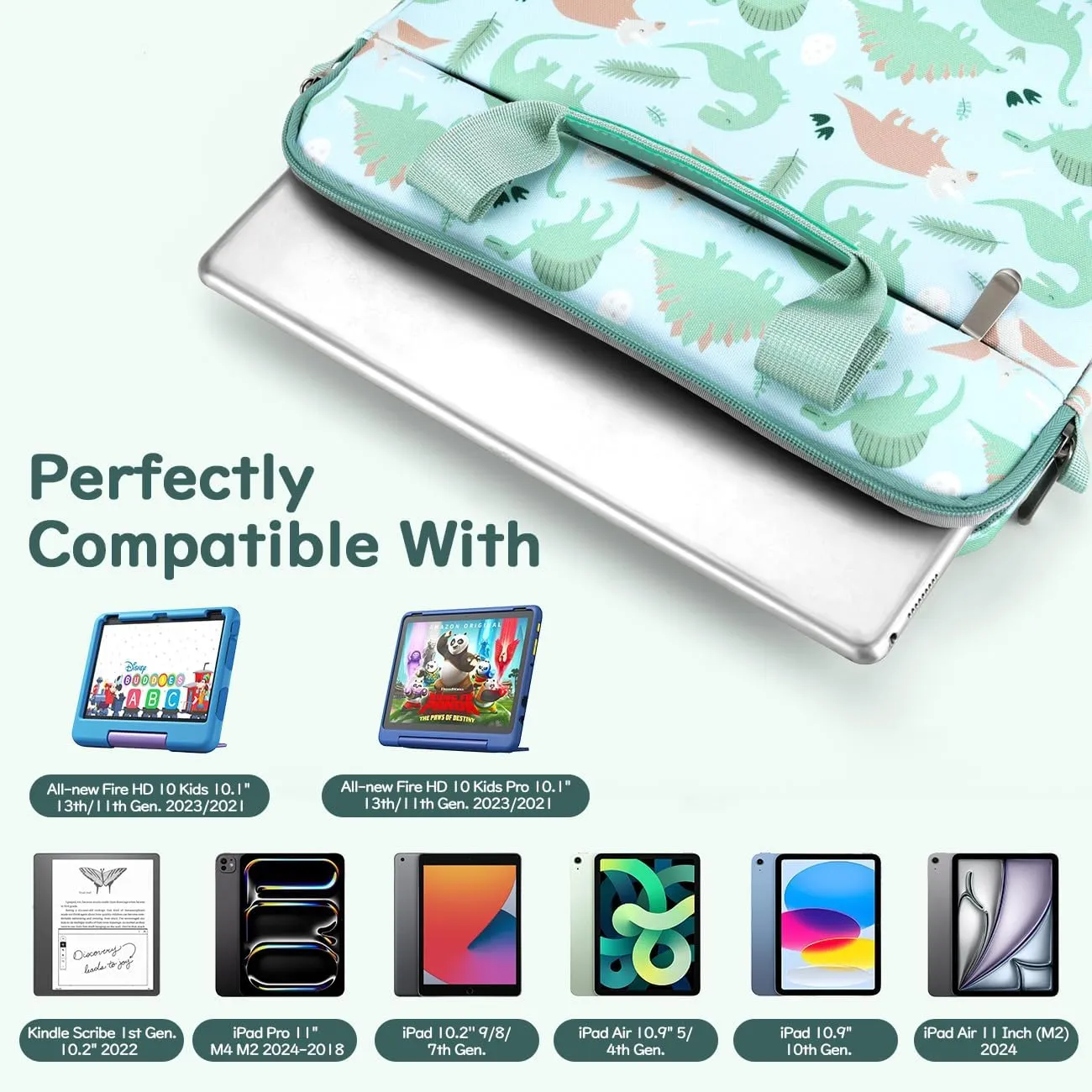 Tablet Bag for Kids, 12.5 Inch Portable Tablet Sleeve Carrying Case with Handle & Shoulder Strap, Fits Fire HD 10 Kids (Pro) 13th/11th Gen 2023/2021, Fire Max 11 13th Gen, Green Dinosaur