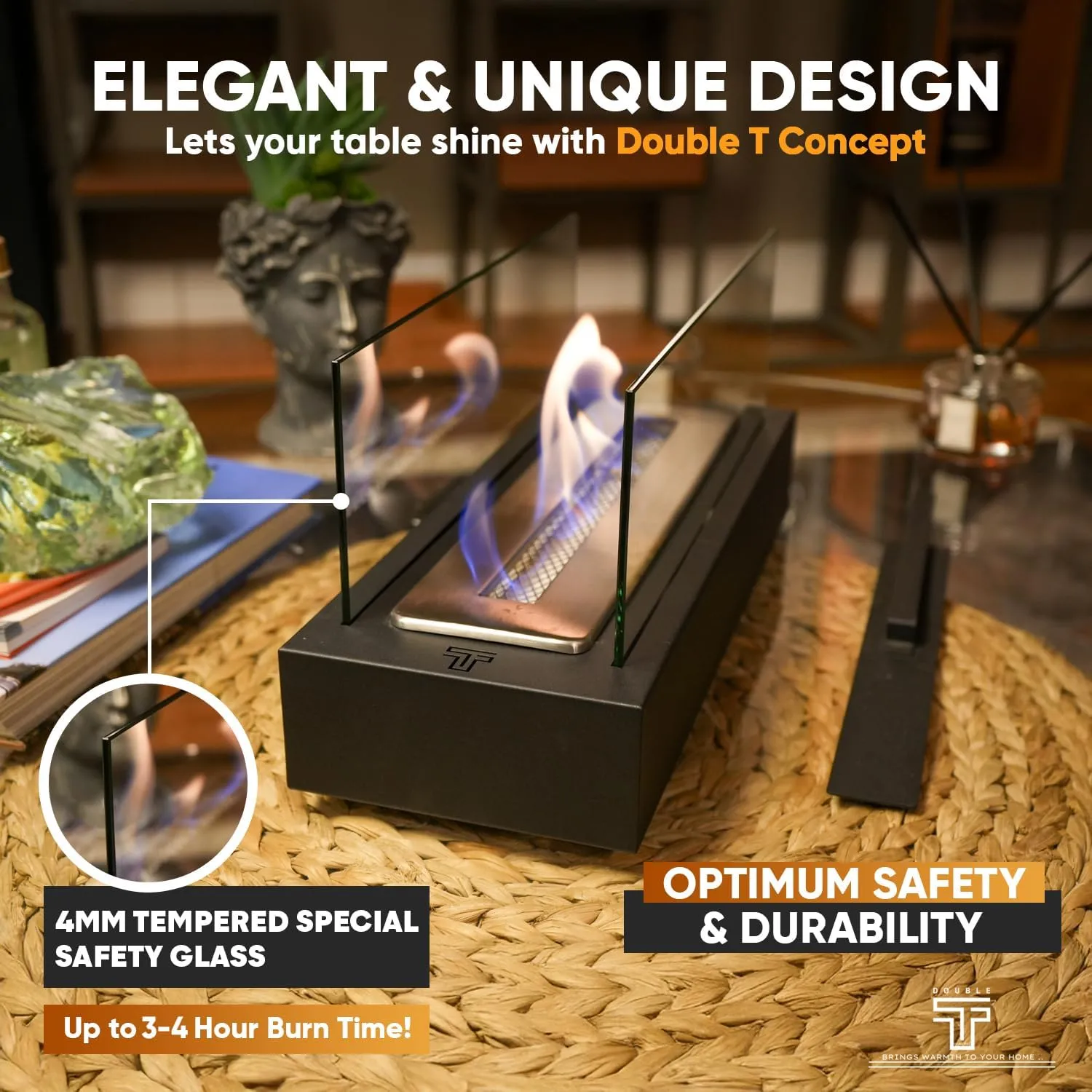Tabletop Fire Pit - Juno Black - 3-4 Hour Burn Time - Metal - Outdoor & Indoor Firepit Table Top - Smores Maker Kit - Includes 4 Roasting Sticks -Smokeless Firepit