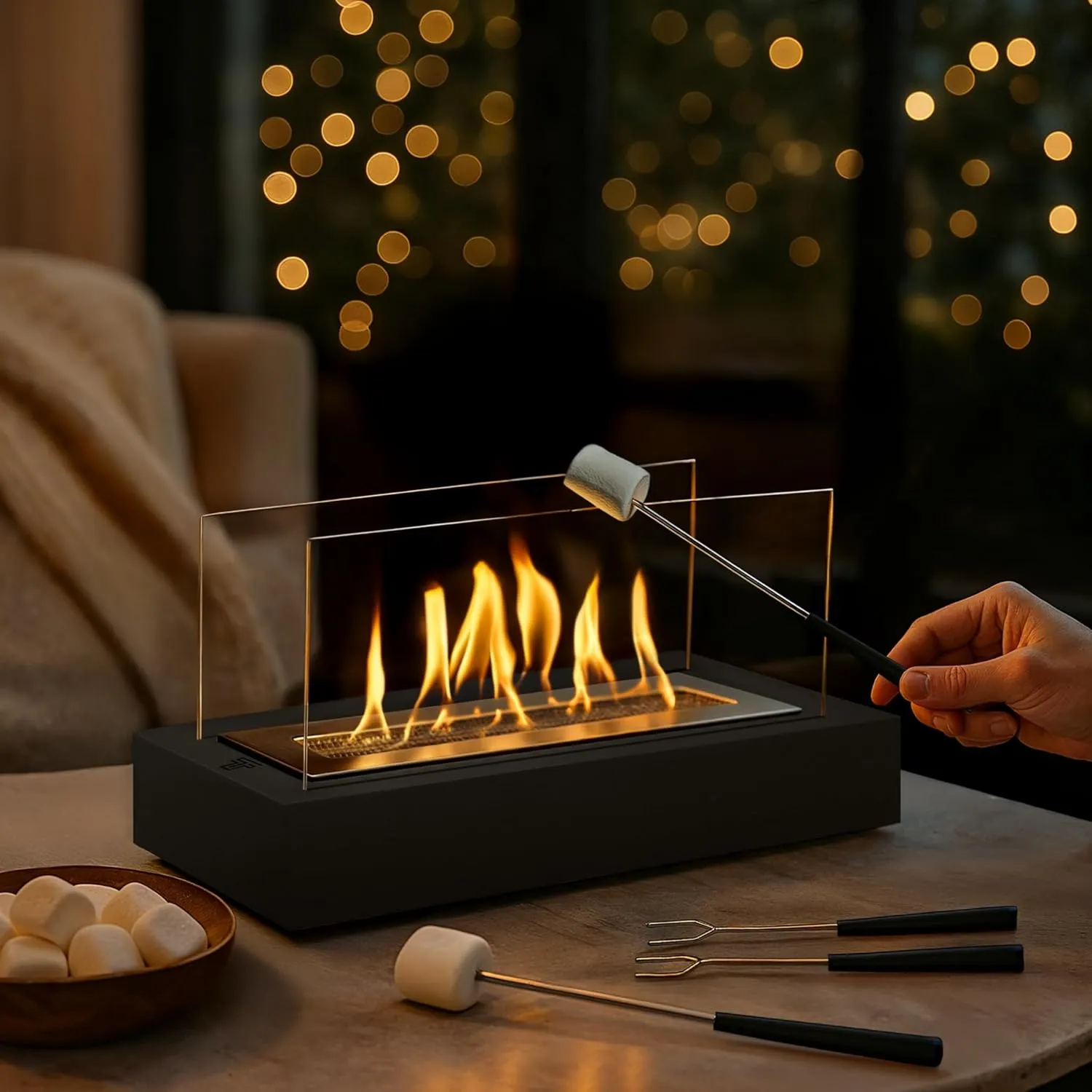 Tabletop Fire Pit - Juno Black - 3-4 Hour Burn Time - Metal - Outdoor & Indoor Firepit Table Top - Smores Maker Kit - Includes 4 Roasting Sticks -Smokeless Firepit
