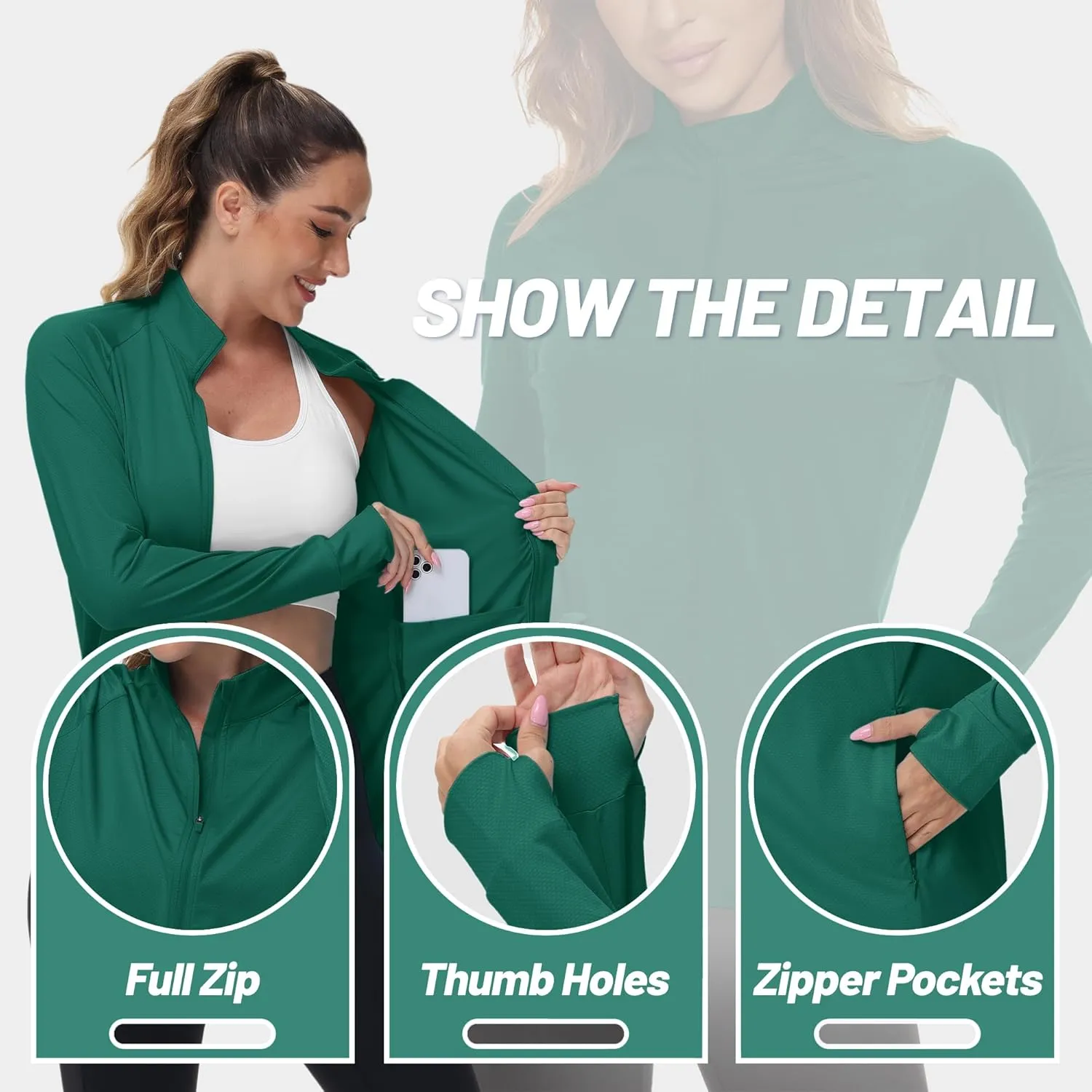 TACVASEN Women's Athletic Jackets Lightweight UV Protection Shirts Full Zip Workout Jacket UPF 50  Long Sleeve Sun Shirt