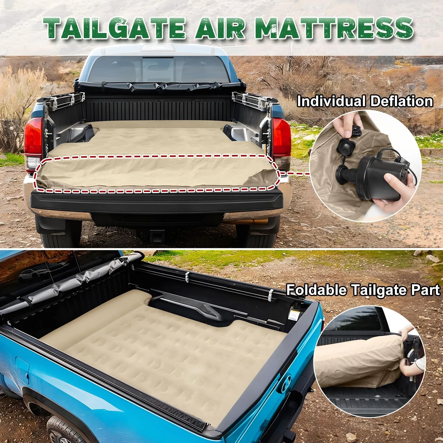 Tailgate Extendable 5.5-5.8ft Truck Bed Air Mattress - Heavy-Duty Inflatable Truck Bed Mattress with Car Pump, Extra Large Carry Bag, Leak-Resistant for Outdoor Camping & Pickup Trucks