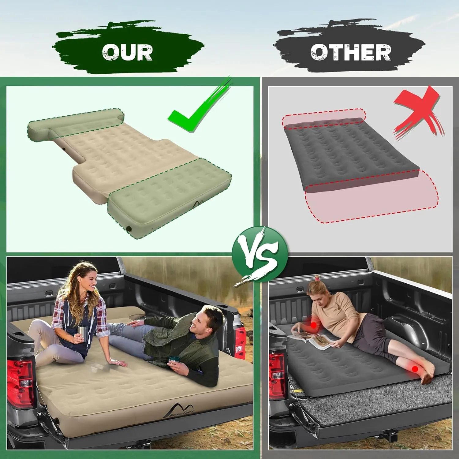 Tailgate Extendable 5.5-5.8ft Truck Bed Air Mattress - Heavy-Duty Inflatable Truck Bed Mattress with Car Pump, Extra Large Carry Bag, Leak-Resistant for Outdoor Camping & Pickup Trucks