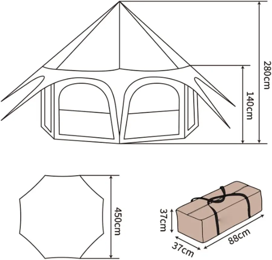 Teepee Camping Tent Cotton Tent Pyramid Yurt Tent Multi-Person Family Glamping Tent Double Layer Large Waterproof Tipi Tents for 8-10 Person, 450X450X280CM, Dark Brown