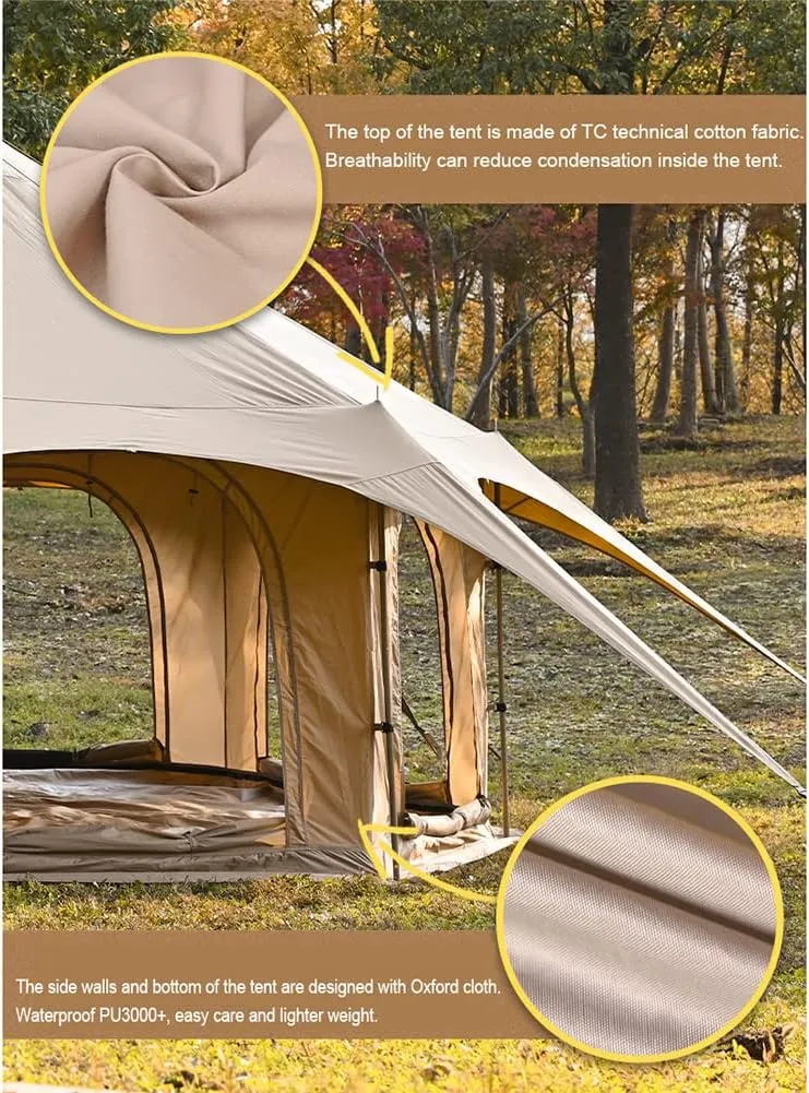 Teepee Camping Tent Cotton Tent Pyramid Yurt Tent Multi-Person Family Glamping Tent Double Layer Large Waterproof Tipi Tents for 8-10 Person, 450X450X280CM, Dark Brown