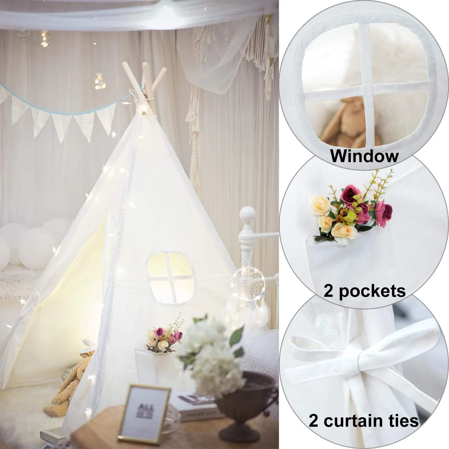 Teepee Tent for Kids-Portable Children Play Tent Indoor Outdoor (White)