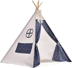 Teepee Tent for Kids With Starry Pattern, Door Curtain & Skylight - 31.5x31.5x43 Inch Cotton Linen Toddler Play Tent With Tassel for Indoor