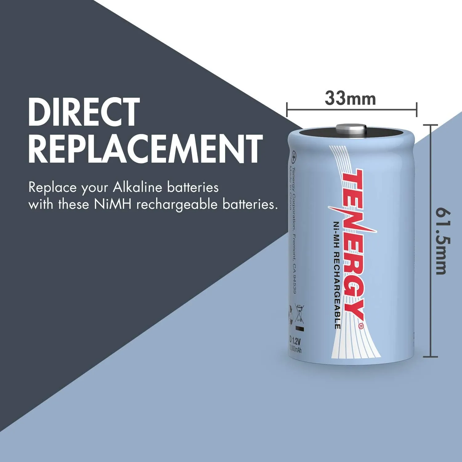 Tenergy 10000mAh NiMH D Battery, Rechargeable High Capacity D Size Battery, High Drain D Cell Batteries for Flashlight, 8-Pack - UL Certified