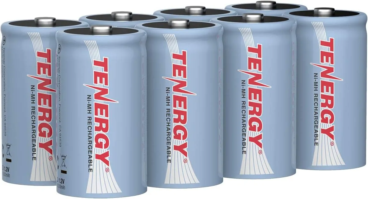 Tenergy 10000mAh NiMH D Battery, Rechargeable High Capacity D Size Battery, High Drain D Cell Batteries for Flashlight, 8-Pack - UL Certified