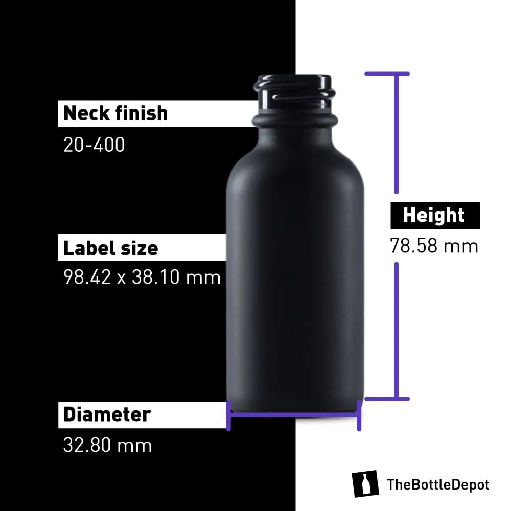 The Bottle Depot - 72 Pack - 1 oz Glass Bottle With Cap - Black Frosted - 20-400 Neck Finish - Boston Round Bottles - UV Rays Protection
