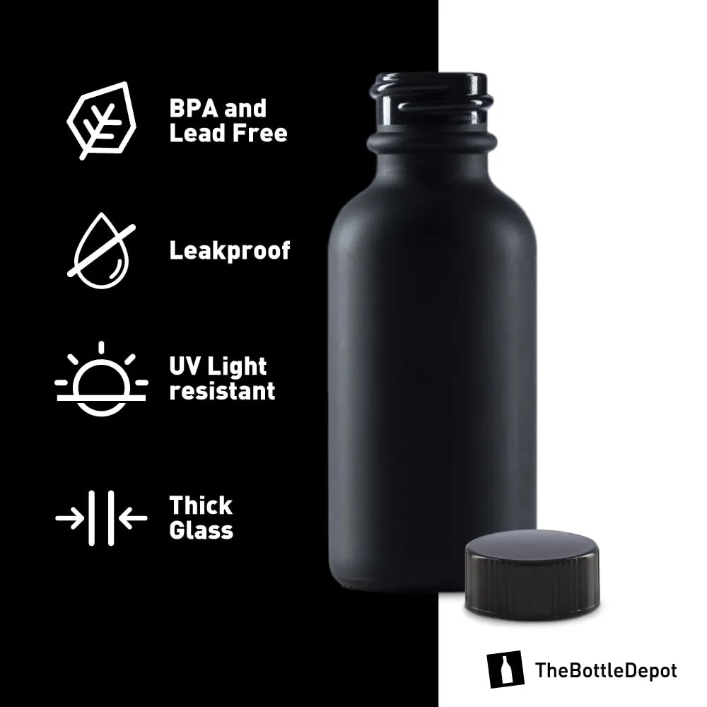 The Bottle Depot - 72 Pack - 1 oz Glass Bottle With Cap - Black Frosted - 20-400 Neck Finish - Boston Round Bottles - UV Rays Protection