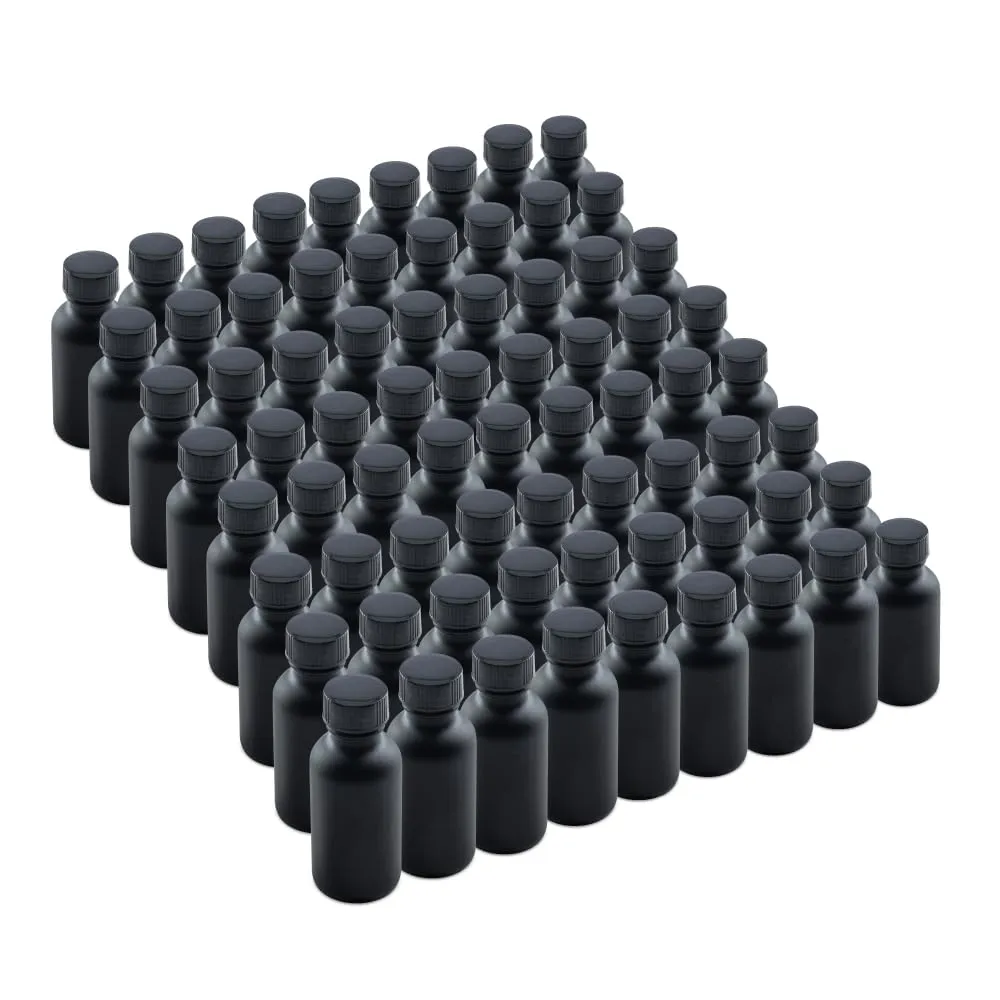 The Bottle Depot - 72 Pack - 1 oz Glass Bottle With Cap - Black Frosted - 20-400 Neck Finish - Boston Round Bottles - UV Rays Protection