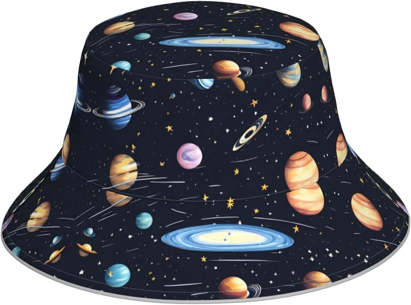 The Solar Family Pattern Reflective Bucket Hat for Unisex - for Travel, Camping, and Outdoor Activities Black, Black, One Size