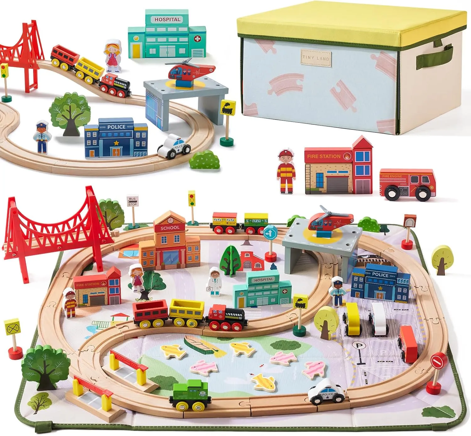 Tiny Land 110pcs Wooden Train Set with Folding Storage Box, Wooden Train Track Toy for Boys & Girls, Age 3-7, Includes Convenient Storage