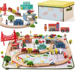 Tiny Land 110pcs Wooden Train Set with Folding Storage Box, Wooden Train Track Toy for Boys & Girls, Age 3-7, Includes Convenient Storage