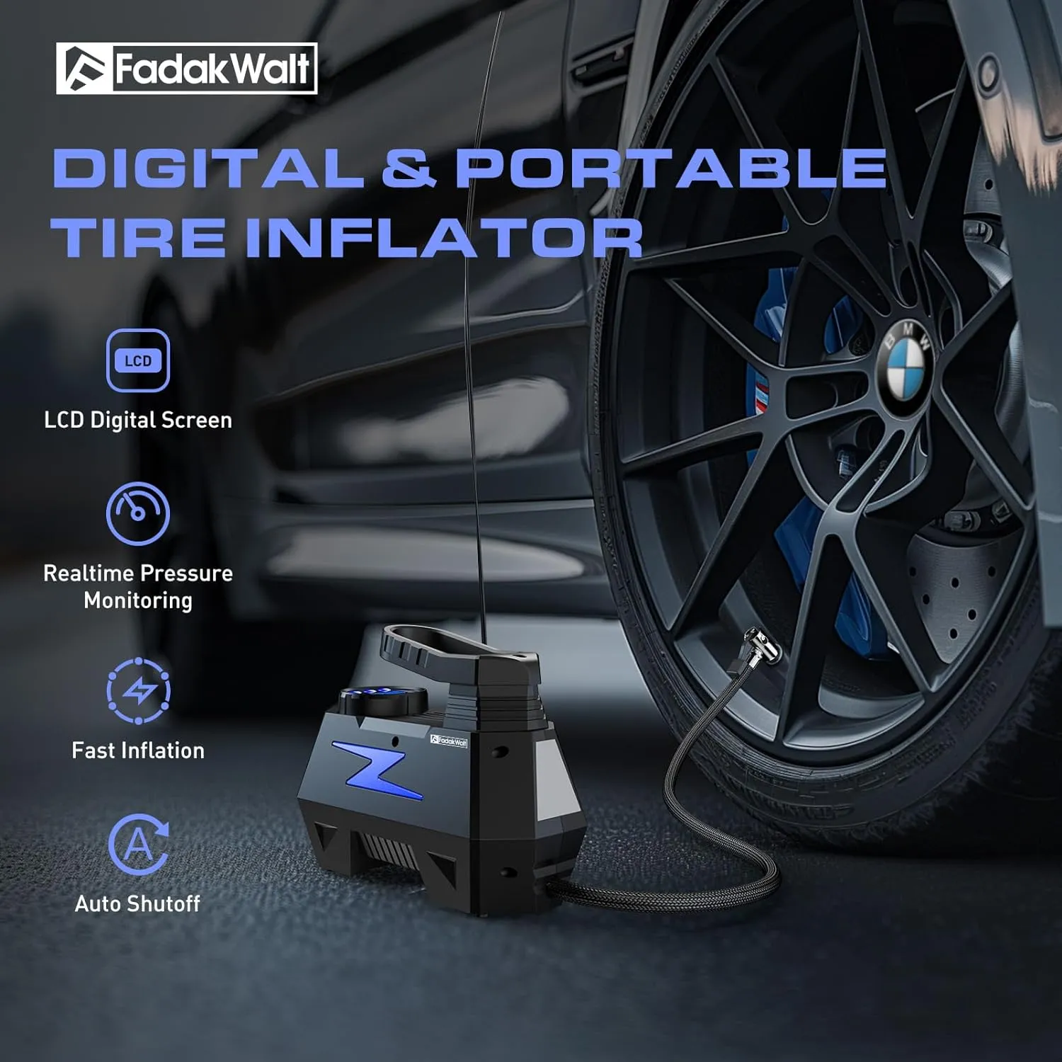 Tire Inflator Portable Air Compressor, DC 12V Tire Air Pump with LED and 150PSI Digital Pressure Gauge, Portable Tire Inflator for Car Tires, Motorcycles, Bike, Ball (Blue)