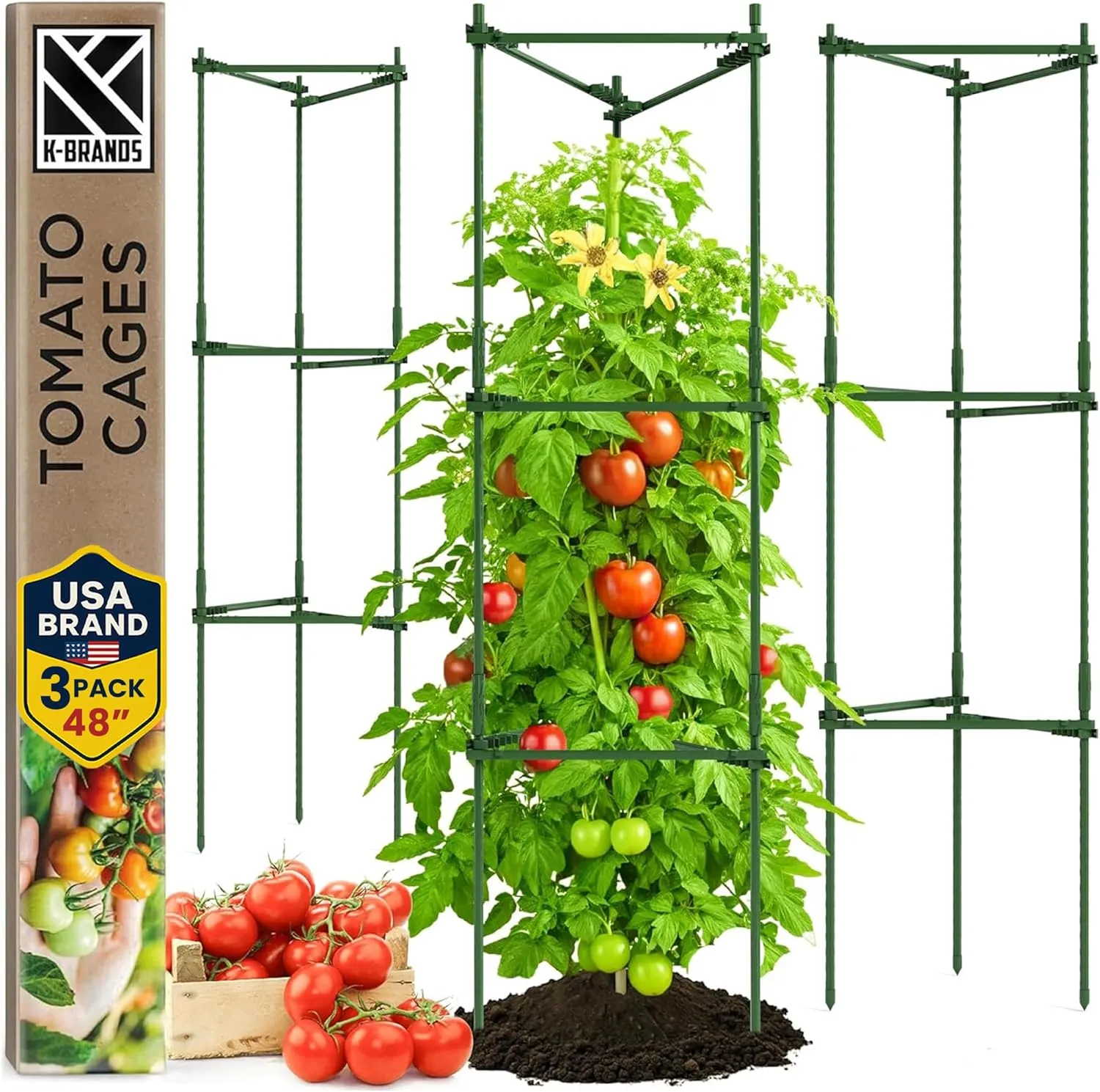 Tomato Cage - Large Trellis Stakes and Plant Support Structures for Vegetables and Climbing Plants - Tall Tomato Cages for Garden, Pots, Raised Garden Bed Outdoor Supplies (3 Pack - Up to 48")