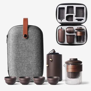 Travel Chinese Kung Fu Ceramic Teapot Portable Handmade , Teapot Teacups All in One Gift Bag for Adults (purple clay tea sets 3)