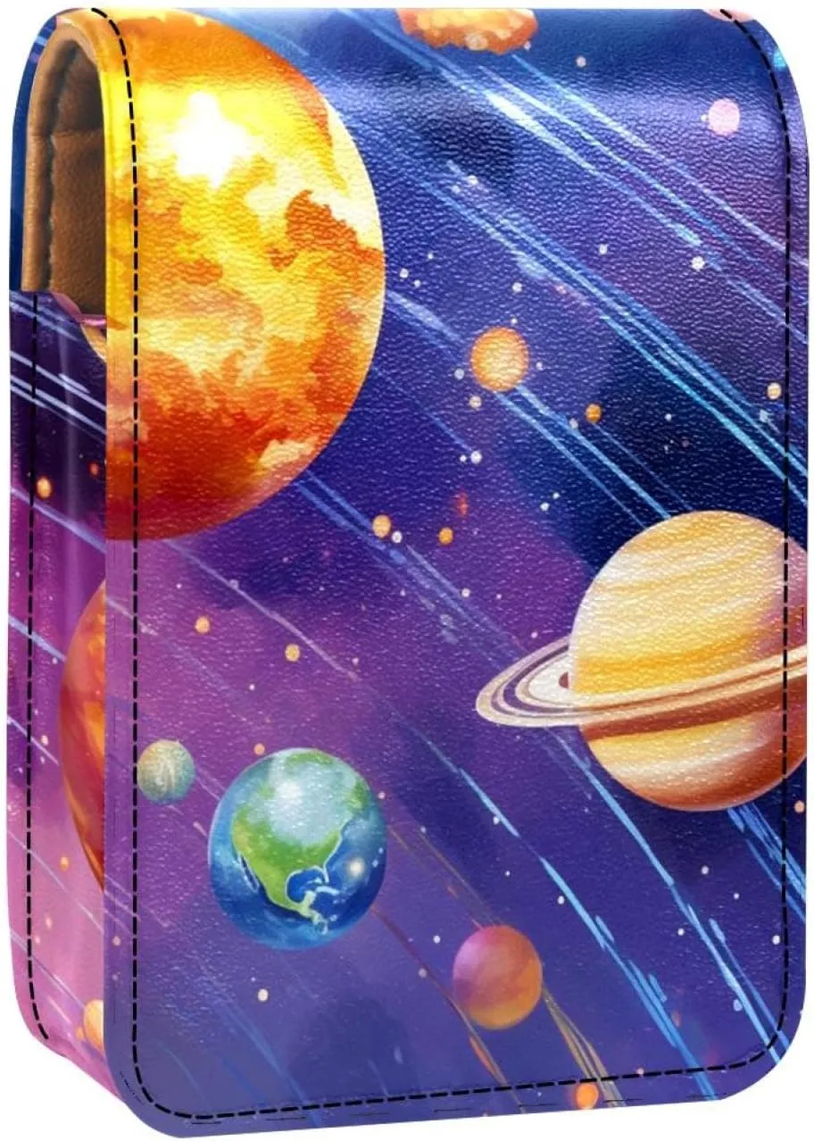 Travel Lipstick Organizer Case,Lipstick Case Portable Makeup Bag With Mirror,Bright Planets of Solar System