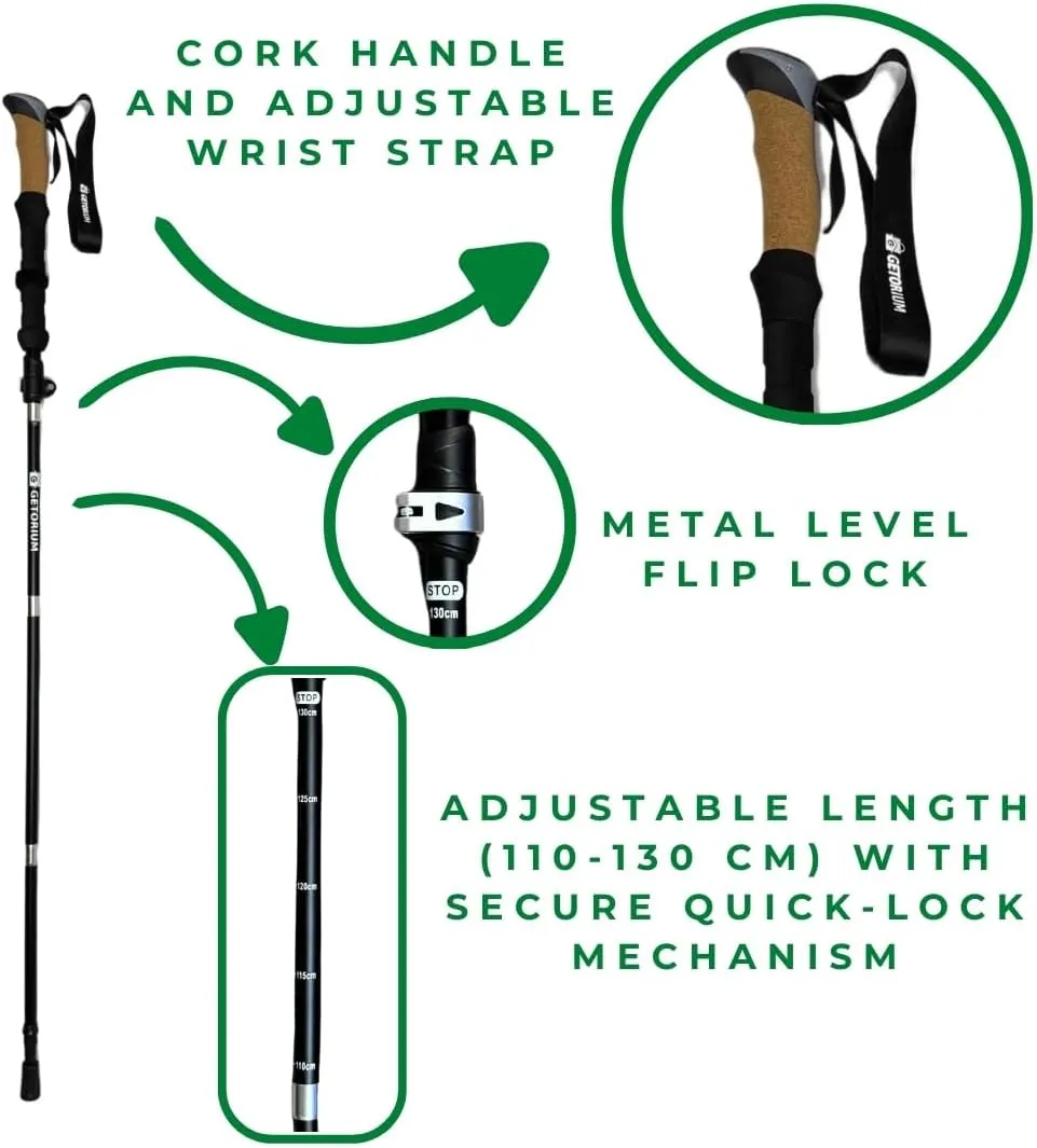 Trekking Poles - Lightweight, Folding Hiking Poles for Backpacking Gear, Nordic Ultralight Walking Sticks, 2 Poles, Aluminum 7075, 110-130cm, Cork Grip