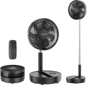 TriPole Portable Standing Fan, 8000mAh Rechargeable Oscillating Fan with Remote, 8.1'' Quiet Pedestal Floor Fan with LED Display & Timer, Foldable Small Desk Fans for Bedroom, Office, Camping, Travel