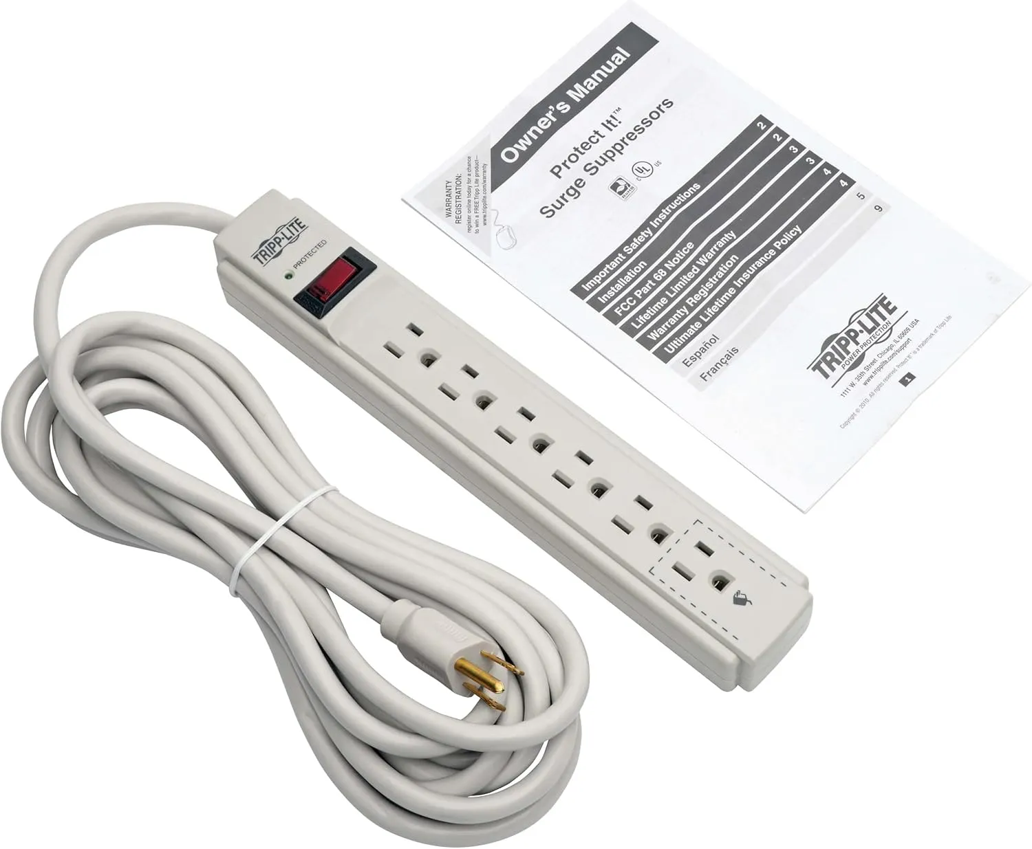 Tripp Lite 6 Outlet Surge Protector Power Strip, Extra Long Cord 15ft, & $20,000 INSURANCE (TLP615) Gray