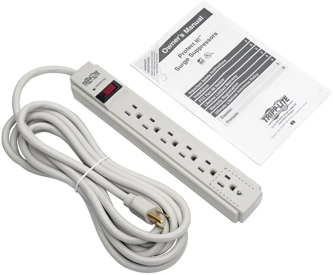 Tripp Lite 6 Outlet Surge Protector Power Strip, Extra Long Cord 15ft, & $20,000 INSURANCE (TLP615) Gray