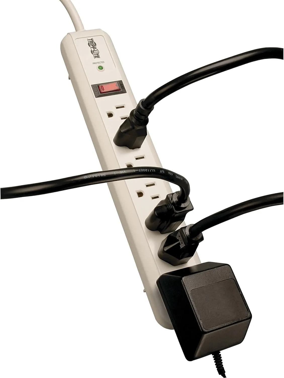 Tripp Lite 7 Outlet (6 Right Angle   1 Transformer Outlet) Surge Protector Power Strip, 4ft Cord, Lifetime Limited Warranty & $25K INSURANCE (TLP74R), Light Gray