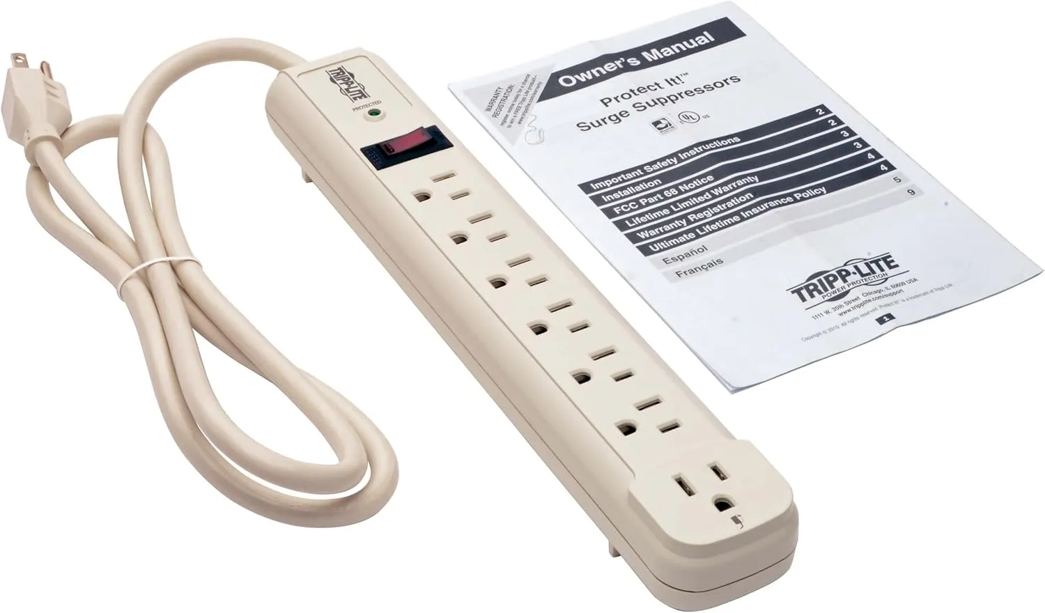 Tripp Lite 7 Outlet (6 Right Angle   1 Transformer Outlet) Surge Protector Power Strip, 4ft Cord, Lifetime Limited Warranty & $25K INSURANCE (TLP74R), Light Gray