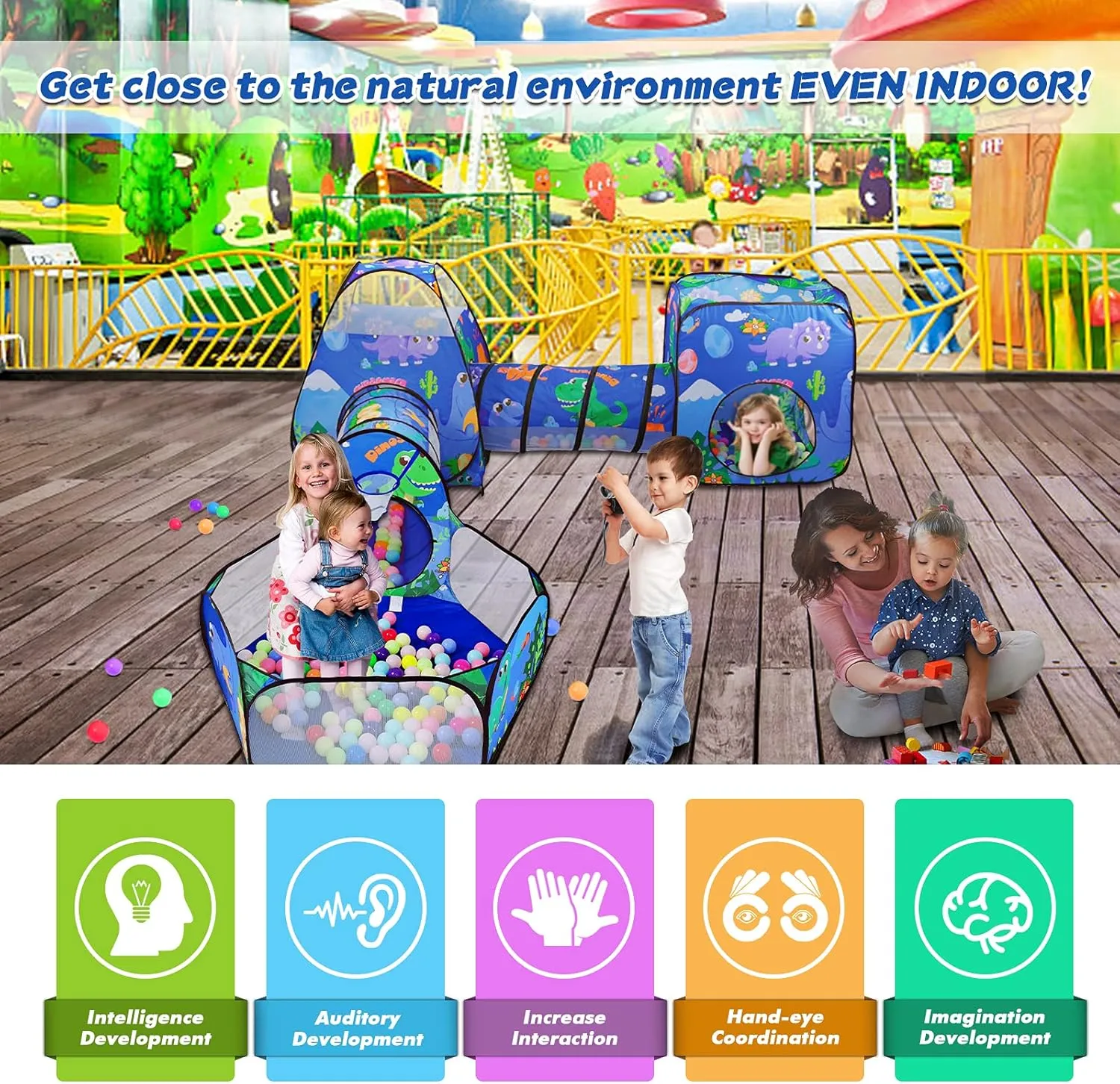 TTLOJ Gift 5PC Dinosaur Kids Play Tent with Ball Pit, Crawl Tunnel, Toddlers Playhouse Castle Toys, Baby Boys Girls Gift for 3 4 5 6 7 Years Old, Outdoor Indoor(Balls Not Included