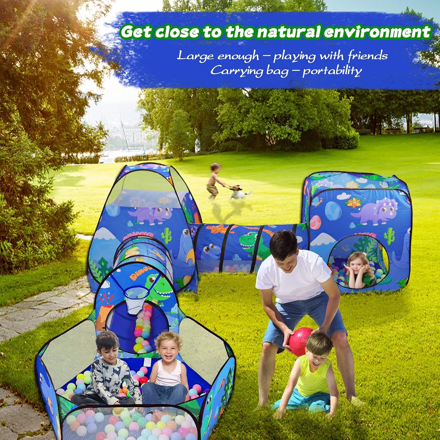 TTLOJ Gift 5PC Dinosaur Kids Play Tent with Ball Pit, Crawl Tunnel, Toddlers Playhouse Castle Toys, Baby Boys Girls Gift for 3 4 5 6 7 Years Old, Outdoor Indoor(Balls Not Included