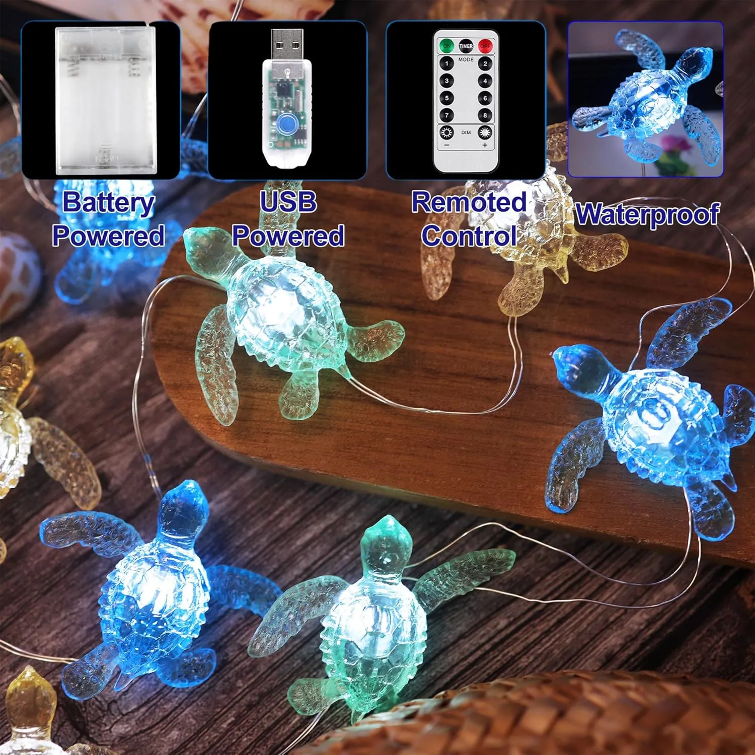 Turtle Decor String Lights, Beach Theme Decorations Lights for christmas decorations, Remote 10 ft 30 LEDs with Battery & USB Plug in for Bathroom Bedroom Camping Wedding Birthday Party Gift
