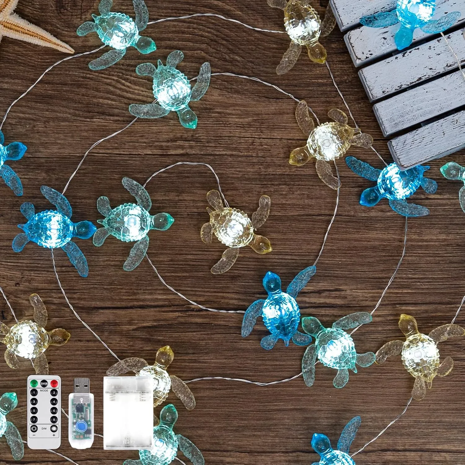 Turtle Decor String Lights, Beach Theme Decorations Lights for christmas decorations, Remote 10 ft 30 LEDs with Battery & USB Plug in for Bathroom Bedroom Camping Wedding Birthday Party Gift