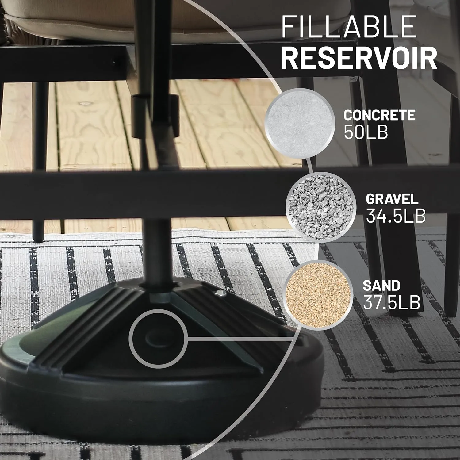 US Weight Durable Fillable Umbrella Base for Patio Table - 50 Pound Capacity Heavy Duty Adjustable Stand for Outdoor Umbrellas - Made in The USA