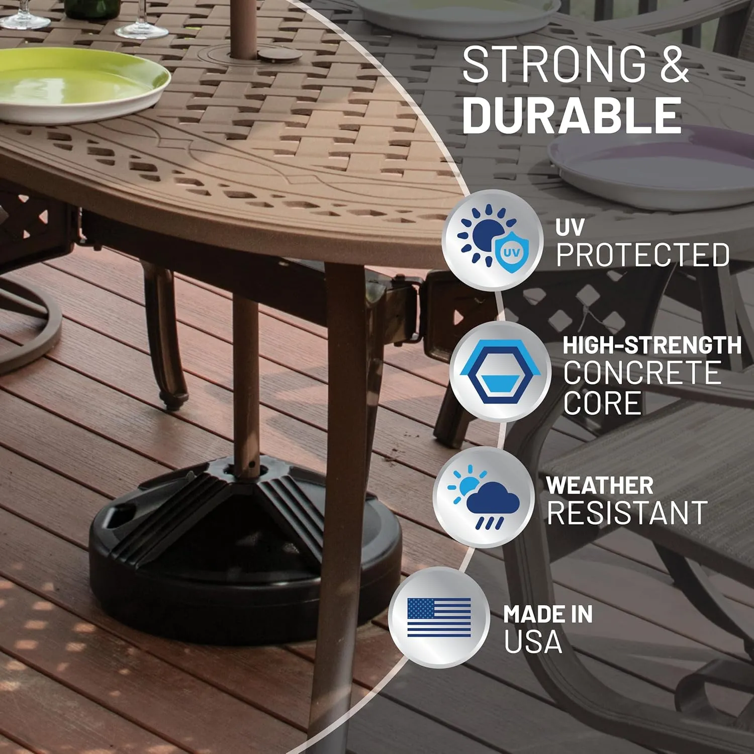 US Weight Durable Fillable Umbrella Base for Patio Table - 50 Pound Capacity Heavy Duty Adjustable Stand for Outdoor Umbrellas - Made in The USA