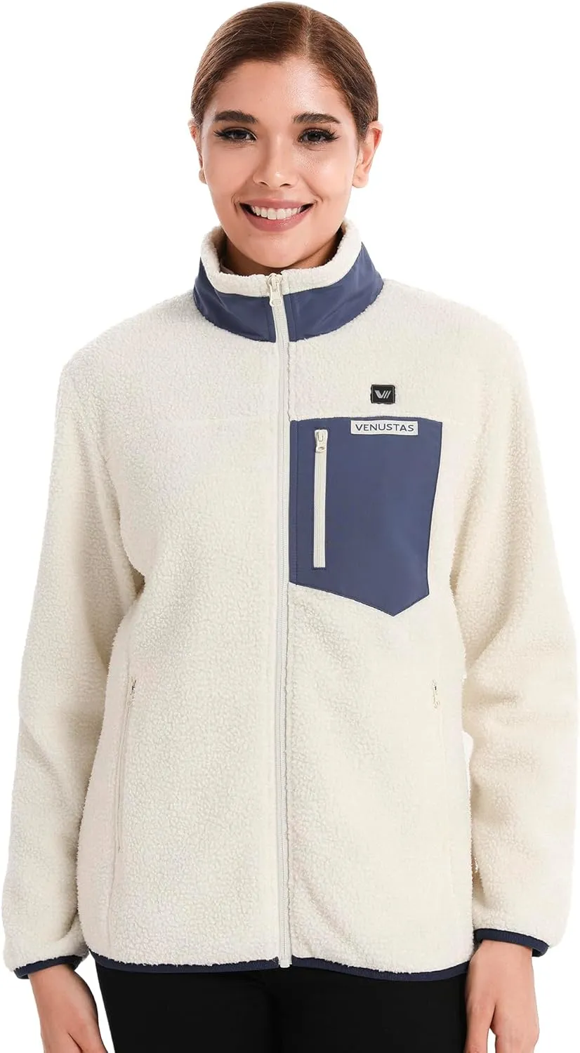 Venustas Recycled Heated Sherpa Jacket for Women with Battery, Electric High-Pile Sherpa Fleece Jacket