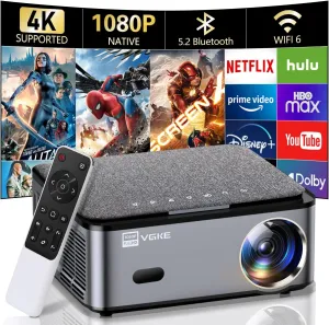 VGKE Smart 4K Projector, Android TV Projector with WiFi and Bluetooth, 800 ANSI Native 1080P Outdoor Movie Projector, Electric Focus & Keystone Home Theater Projector for iPhone/TV Stick/HDMI/USB
