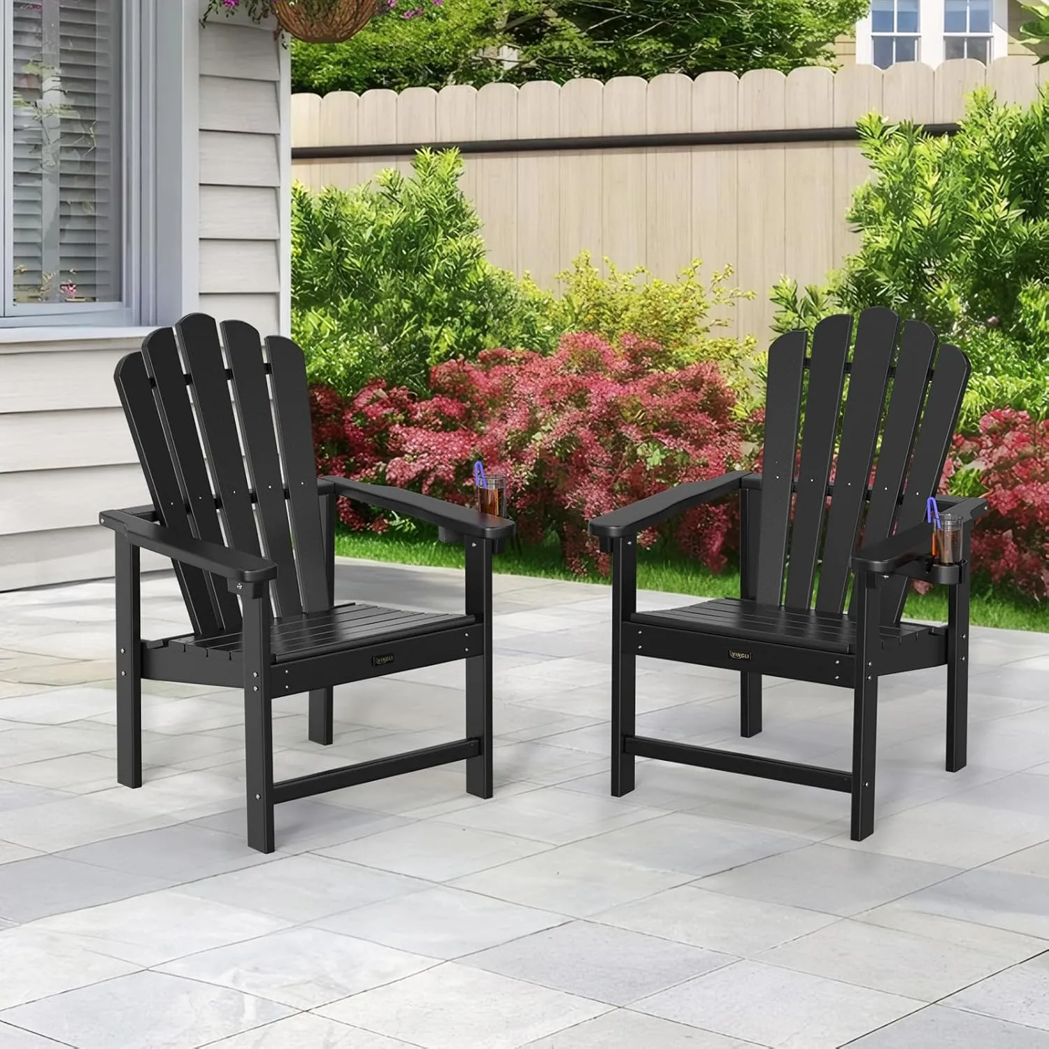 VINGLI Plastic Folding Adirondack Chair with Cup Holder, 100% Recyclable HDPE Material, Comfortable 380lb Weight Capacity for Outdoor Pool Patio Lounge Chair Lawn Furniture Fire Pit, 2 Pack, Black