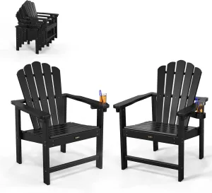 VINGLI Plastic Folding Adirondack Chair with Cup Holder, 100% Recyclable HDPE Material, Comfortable 380lb Weight Capacity for Outdoor Pool Patio Lounge Chair Lawn Furniture Fire Pit, 2 Pack, Black