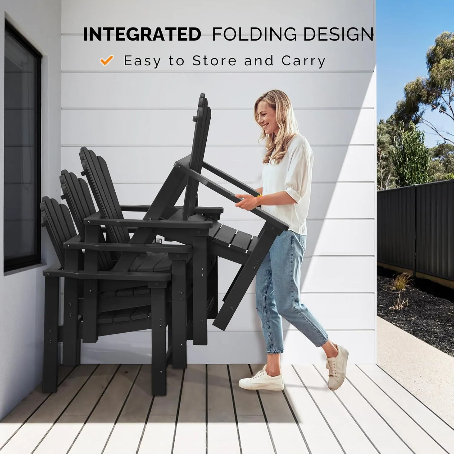 VINGLI Plastic Folding Adirondack Chair with Cup Holder, 100% Recyclable HDPE Material, Comfortable 380lb Weight Capacity for Outdoor Pool Patio Lounge Chair Lawn Furniture Fire Pit, 2 Pack, Black