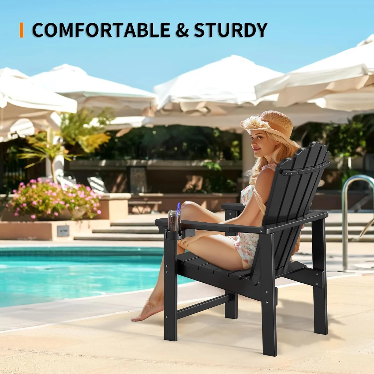 VINGLI Plastic Folding Adirondack Chair with Cup Holder, 100% Recyclable HDPE Material, Comfortable 380lb Weight Capacity for Outdoor Pool Patio Lounge Chair Lawn Furniture Fire Pit, 2 Pack, Black