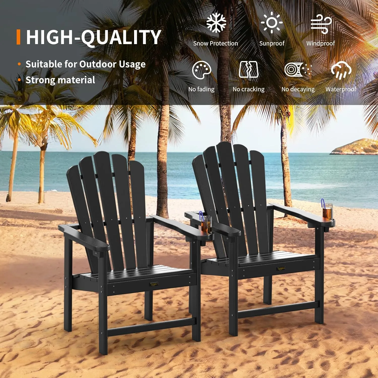 VINGLI Plastic Folding Adirondack Chair with Cup Holder, 100% Recyclable HDPE Material, Comfortable 380lb Weight Capacity for Outdoor Pool Patio Lounge Chair Lawn Furniture Fire Pit, 2 Pack, Black