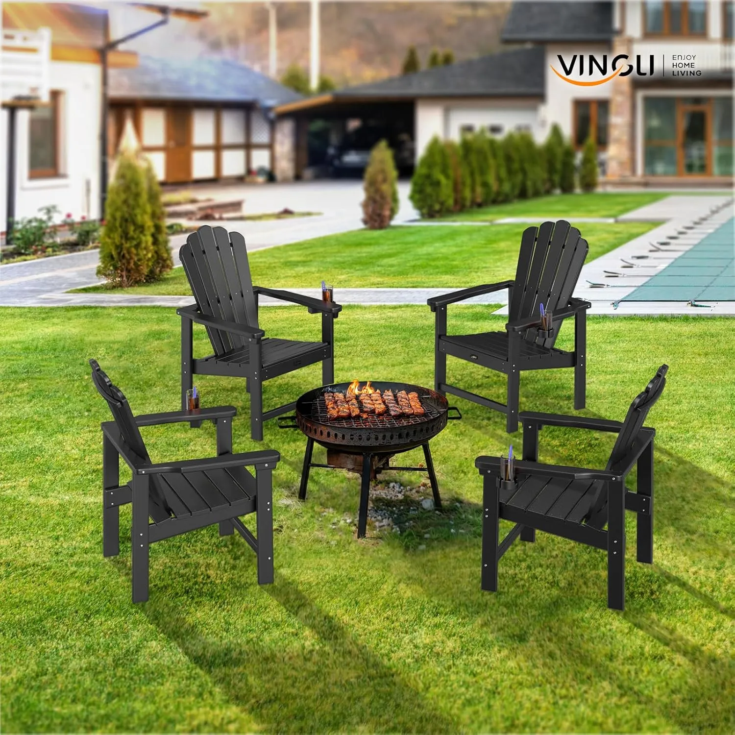 VINGLI Plastic Folding Adirondack Chair with Cup Holder, 100% Recyclable HDPE Material, Comfortable 380lb Weight Capacity for Outdoor Pool Patio Lounge Chair Lawn Furniture Fire Pit, 2 Pack, Black