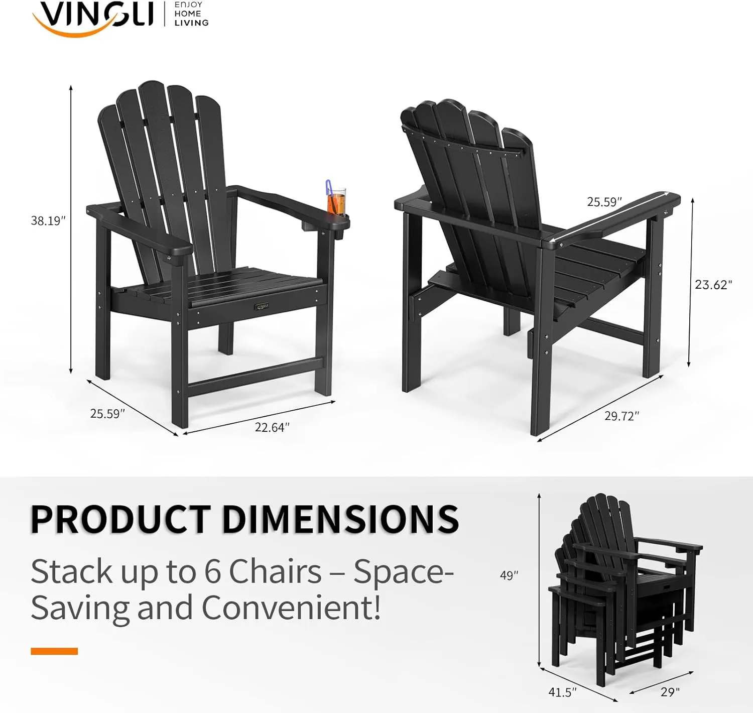 VINGLI Plastic Folding Adirondack Chair with Cup Holder, 100% Recyclable HDPE Material, Comfortable 380lb Weight Capacity for Outdoor Pool Patio Lounge Chair Lawn Furniture Fire Pit, 2 Pack, Black